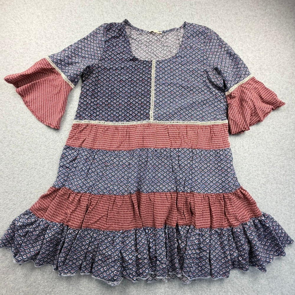 Easel Boho Tiered Mini Dress Blue Red Geometric Bell Sleeve ED3124 Medium